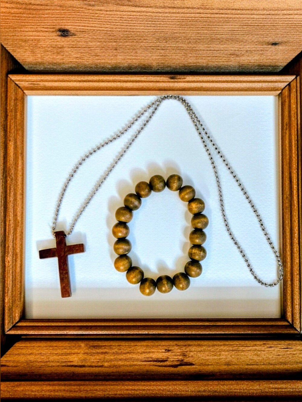 Wooden Bead Stretch Bracelet and Cross Pendant Necklace - Brown